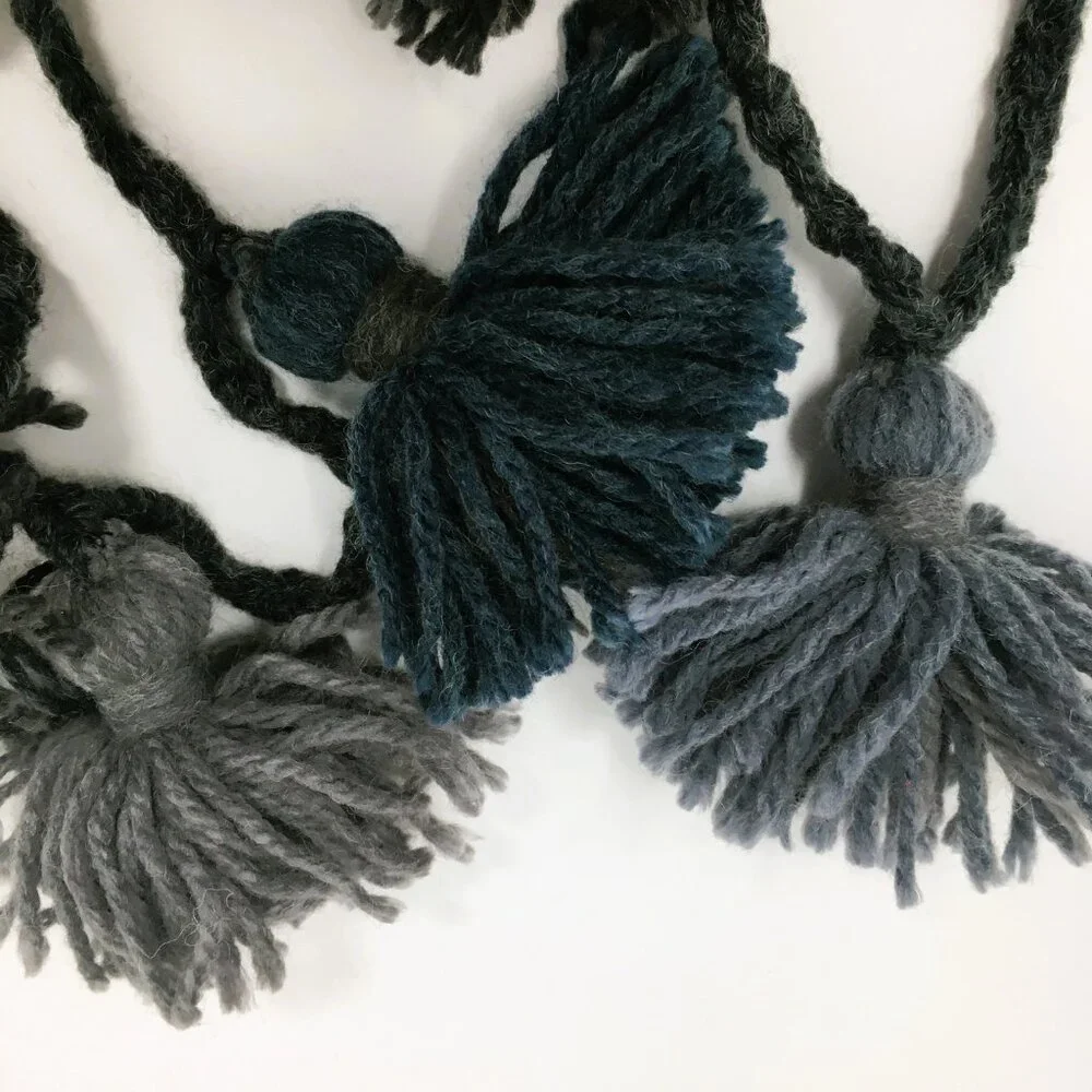 Handmade Grey Steel Blue Wool Tassel Crocheted Cord Folk Art Garland
